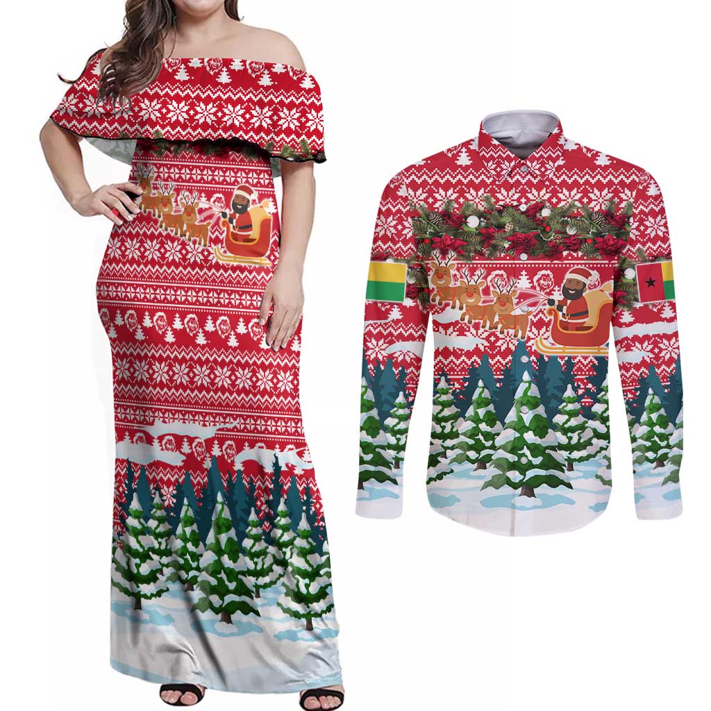 Guinea Bissau Christmas Couples Matching Off Shoulder Maxi Dress and Long Sleeve Button Shirt with Santa Sleigh Reindeer Forest and National Flag Design - Wonder Print Shop