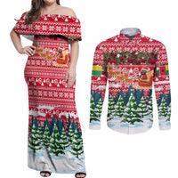 Guinea Bissau Christmas Couples Matching Off Shoulder Maxi Dress and Long Sleeve Button Shirt with Santa Sleigh Reindeer Forest and National Flag Design - Wonder Print Shop