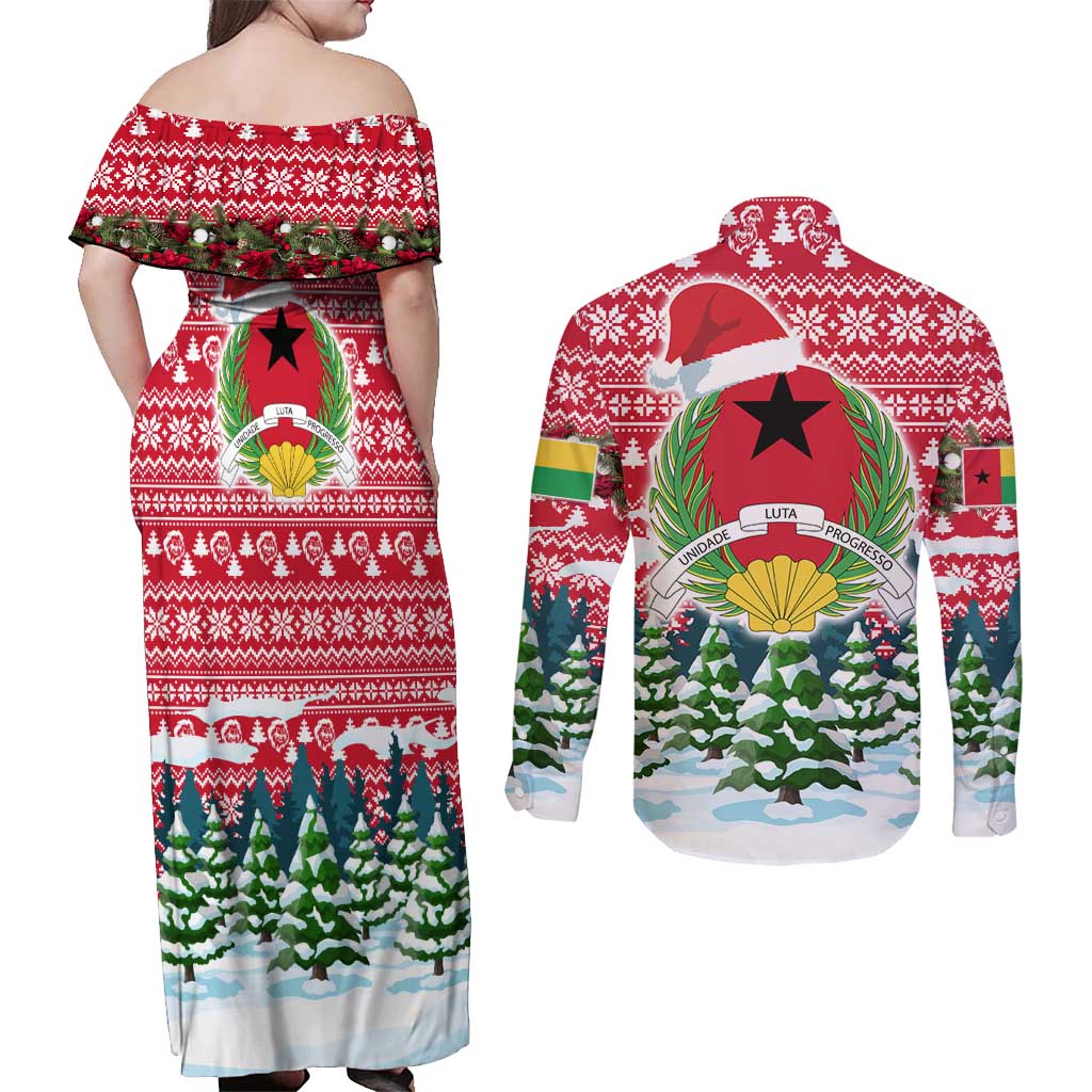 Guinea Bissau Christmas Couples Matching Off Shoulder Maxi Dress and Long Sleeve Button Shirt with Santa Sleigh Reindeer Forest and National Flag Design - Wonder Print Shop