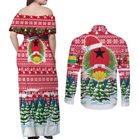 Guinea Bissau Christmas Couples Matching Off Shoulder Maxi Dress and Long Sleeve Button Shirt with Santa Sleigh Reindeer Forest and National Flag Design - Wonder Print Shop