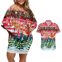 Guinea Bissau Christmas Couples Matching Off Shoulder Short Dress and Hawaiian Shirt with Santa Sleigh Reindeer Forest and National Flag Design - Wonder Print Shop