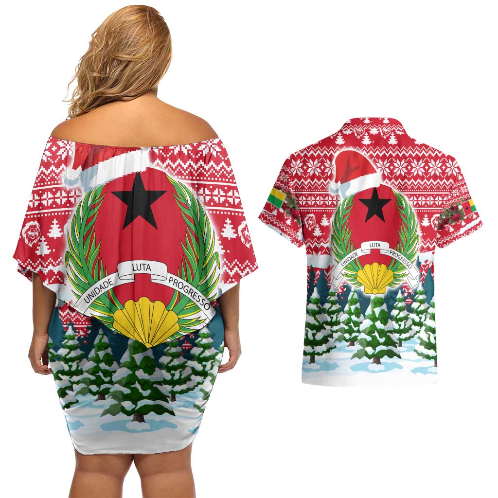 Guinea Bissau Christmas Couples Matching Off Shoulder Short Dress and Hawaiian Shirt with Santa Sleigh Reindeer Forest and National Flag Design - Wonder Print Shop