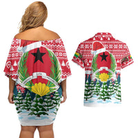Guinea Bissau Christmas Couples Matching Off Shoulder Short Dress and Hawaiian Shirt with Santa Sleigh Reindeer Forest and National Flag Design - Wonder Print Shop