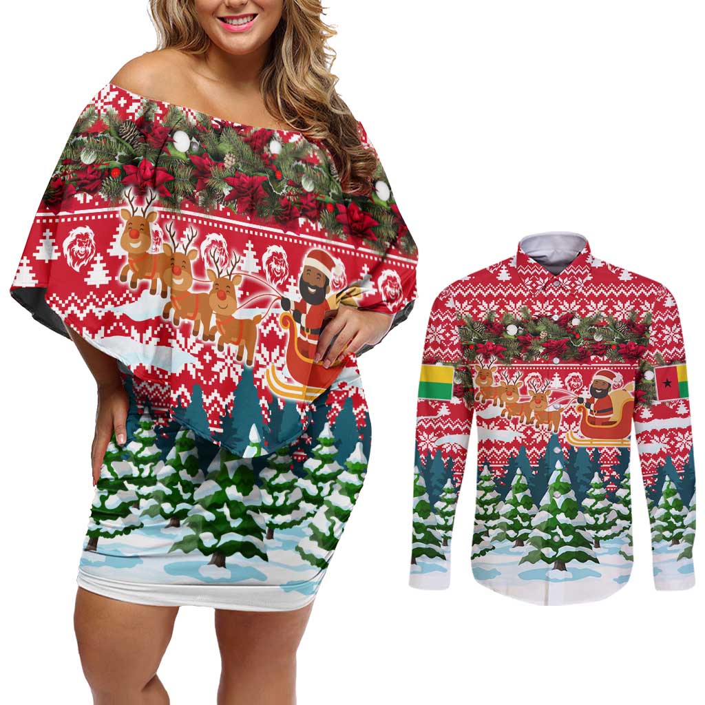 Guinea Bissau Christmas Couples Matching Off Shoulder Short Dress and Long Sleeve Button Shirt with Santa Sleigh Reindeer Forest and National Flag Design - Wonder Print Shop