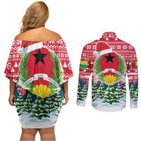 Guinea Bissau Christmas Couples Matching Off Shoulder Short Dress and Long Sleeve Button Shirt with Santa Sleigh Reindeer Forest and National Flag Design - Wonder Print Shop