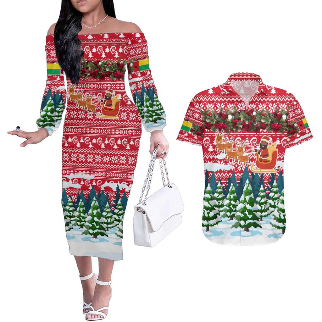 Guinea Bissau Christmas Couples Matching Off The Shoulder Long Sleeve Dress and Hawaiian Shirt with Santa Sleigh Reindeer Forest and National Flag Design - Wonder Print Shop
