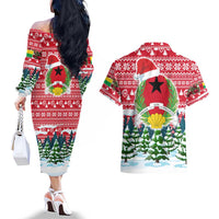 Guinea Bissau Christmas Couples Matching Off The Shoulder Long Sleeve Dress and Hawaiian Shirt with Santa Sleigh Reindeer Forest and National Flag Design - Wonder Print Shop
