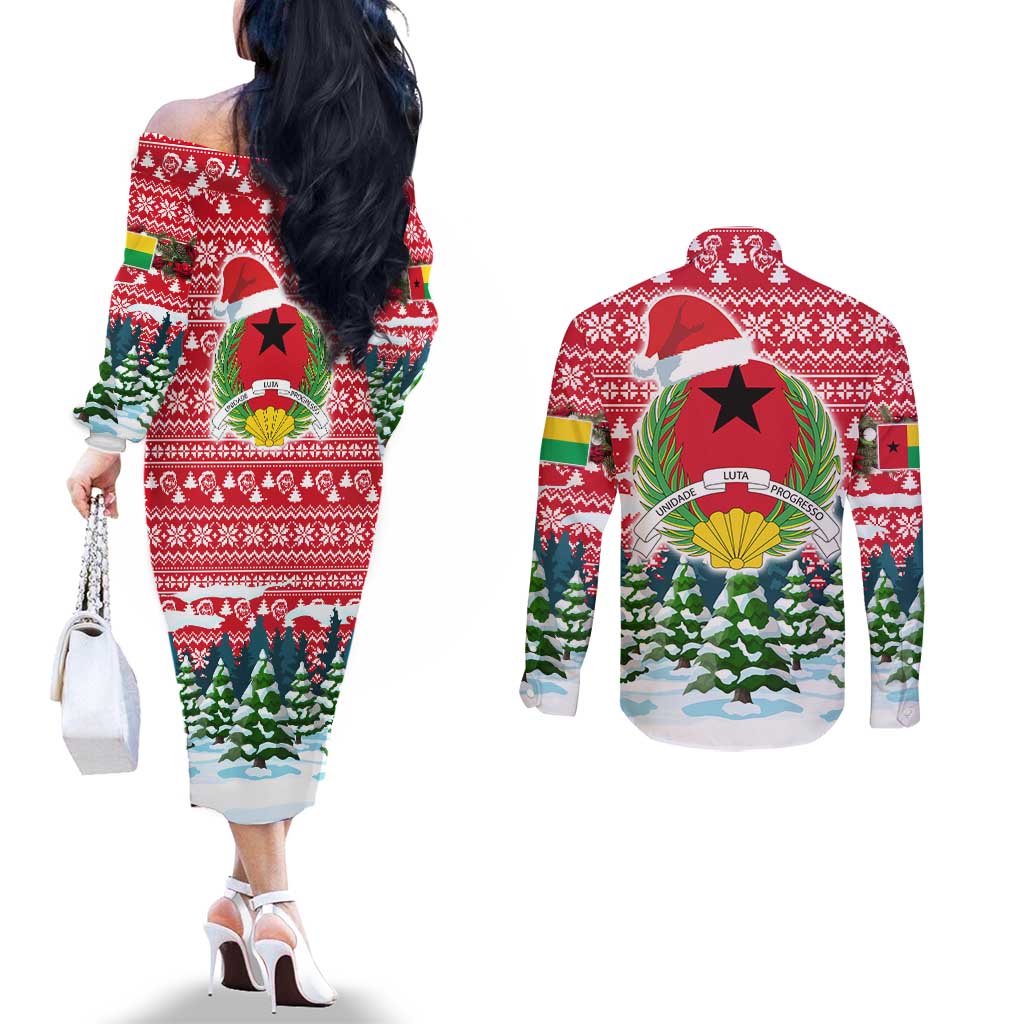 Guinea Bissau Christmas Couples Matching Off The Shoulder Long Sleeve Dress and Long Sleeve Button Shirt with Santa Sleigh Reindeer Forest and National Flag Design - Wonder Print Shop