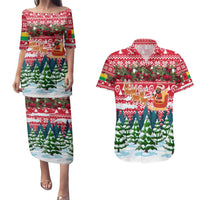 Guinea Bissau Christmas Couples Matching Puletasi and Hawaiian Shirt with Santa Sleigh Reindeer Forest and National Flag Design - Wonder Print Shop