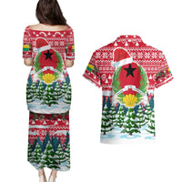 Guinea Bissau Christmas Couples Matching Puletasi and Hawaiian Shirt with Santa Sleigh Reindeer Forest and National Flag Design - Wonder Print Shop
