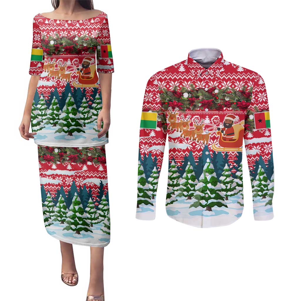 Guinea Bissau Christmas Couples Matching Puletasi and Long Sleeve Button Shirt with Santa Sleigh Reindeer Forest and National Flag Design - Wonder Print Shop