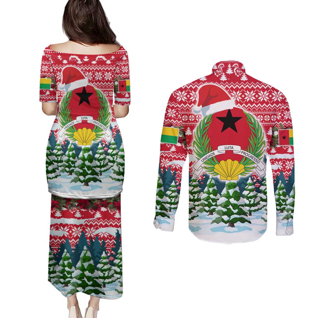 Guinea Bissau Christmas Couples Matching Puletasi and Long Sleeve Button Shirt with Santa Sleigh Reindeer Forest and National Flag Design - Wonder Print Shop