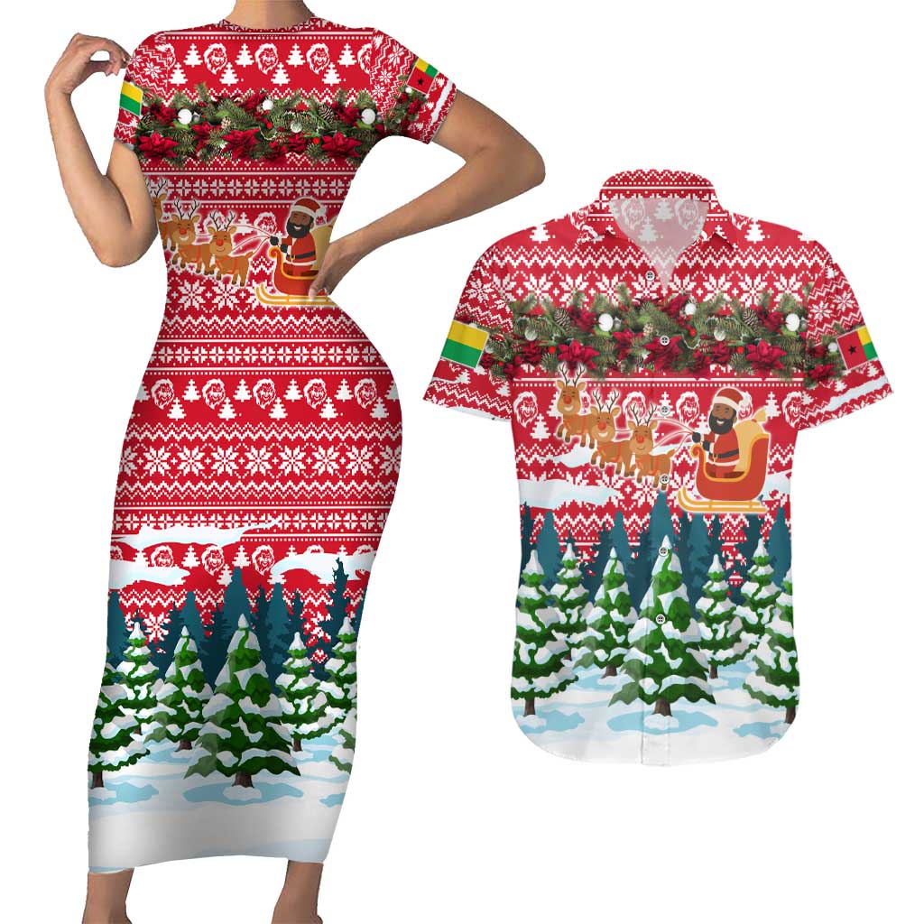Guinea Bissau Christmas Couples Matching Short Sleeve Bodycon Dress and Hawaiian Shirt with Santa Sleigh Reindeer Forest and National Flag Design - Wonder Print Shop