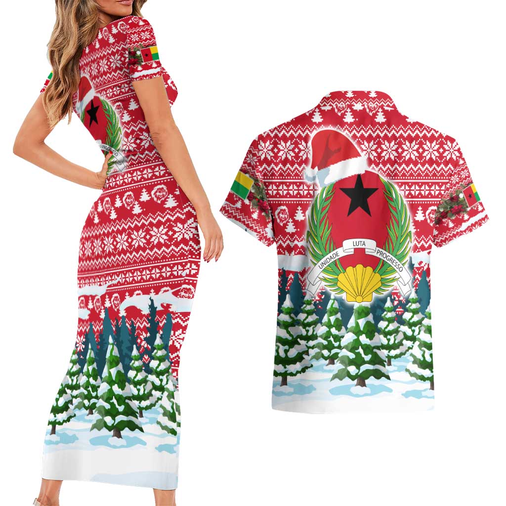 Guinea Bissau Christmas Couples Matching Short Sleeve Bodycon Dress and Hawaiian Shirt with Santa Sleigh Reindeer Forest and National Flag Design - Wonder Print Shop
