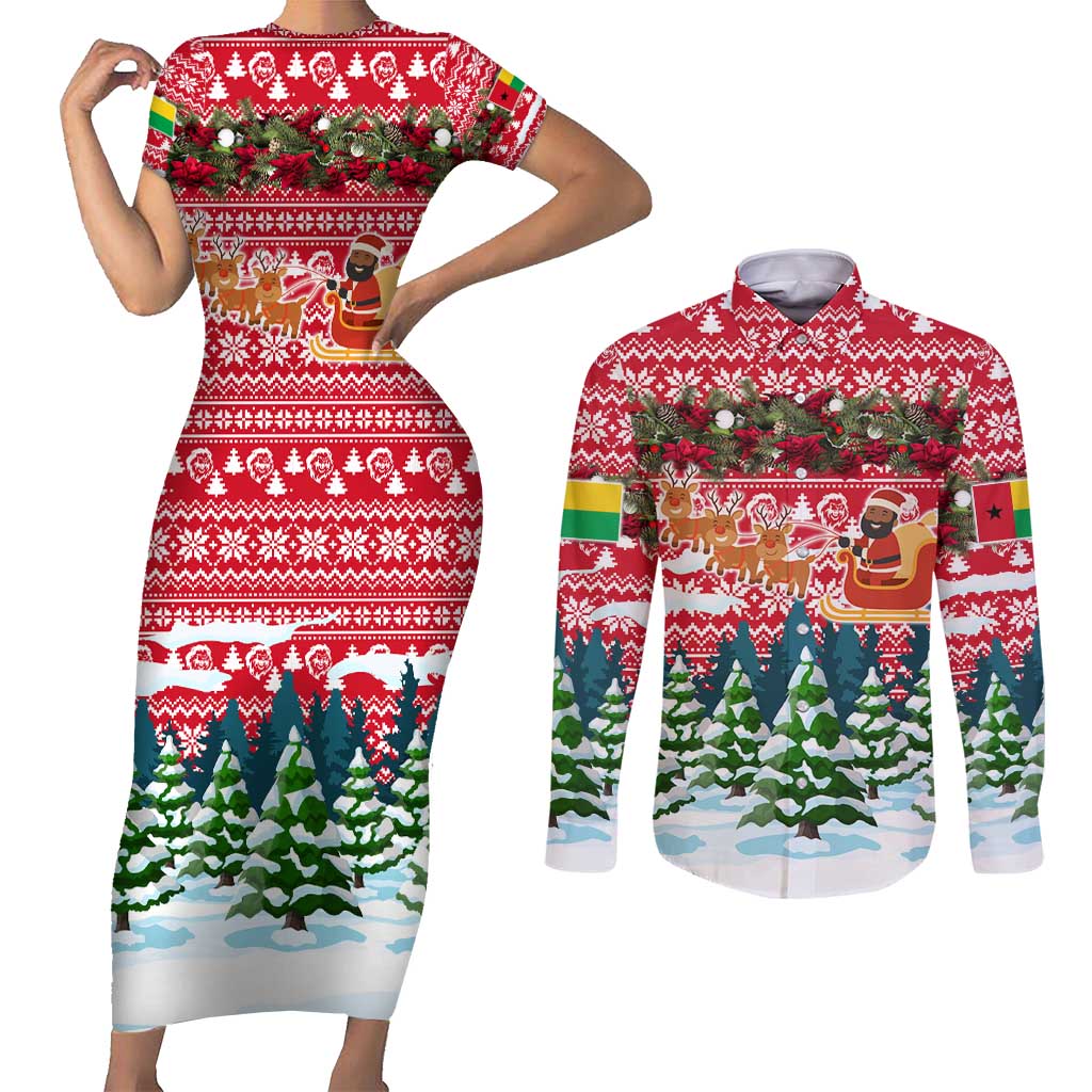 Guinea Bissau Christmas Couples Matching Short Sleeve Bodycon Dress and Long Sleeve Button Shirt with Santa Sleigh Reindeer Forest and National Flag Design - Wonder Print Shop