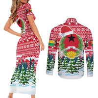 Guinea Bissau Christmas Couples Matching Short Sleeve Bodycon Dress and Long Sleeve Button Shirt with Santa Sleigh Reindeer Forest and National Flag Design - Wonder Print Shop