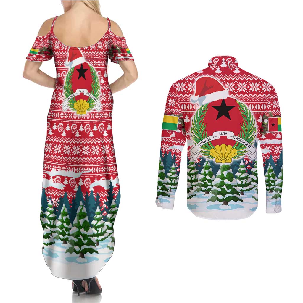 Guinea Bissau Christmas Couples Matching Summer Maxi Dress and Long Sleeve Button Shirt with Santa Sleigh Reindeer Forest and National Flag Design - Wonder Print Shop