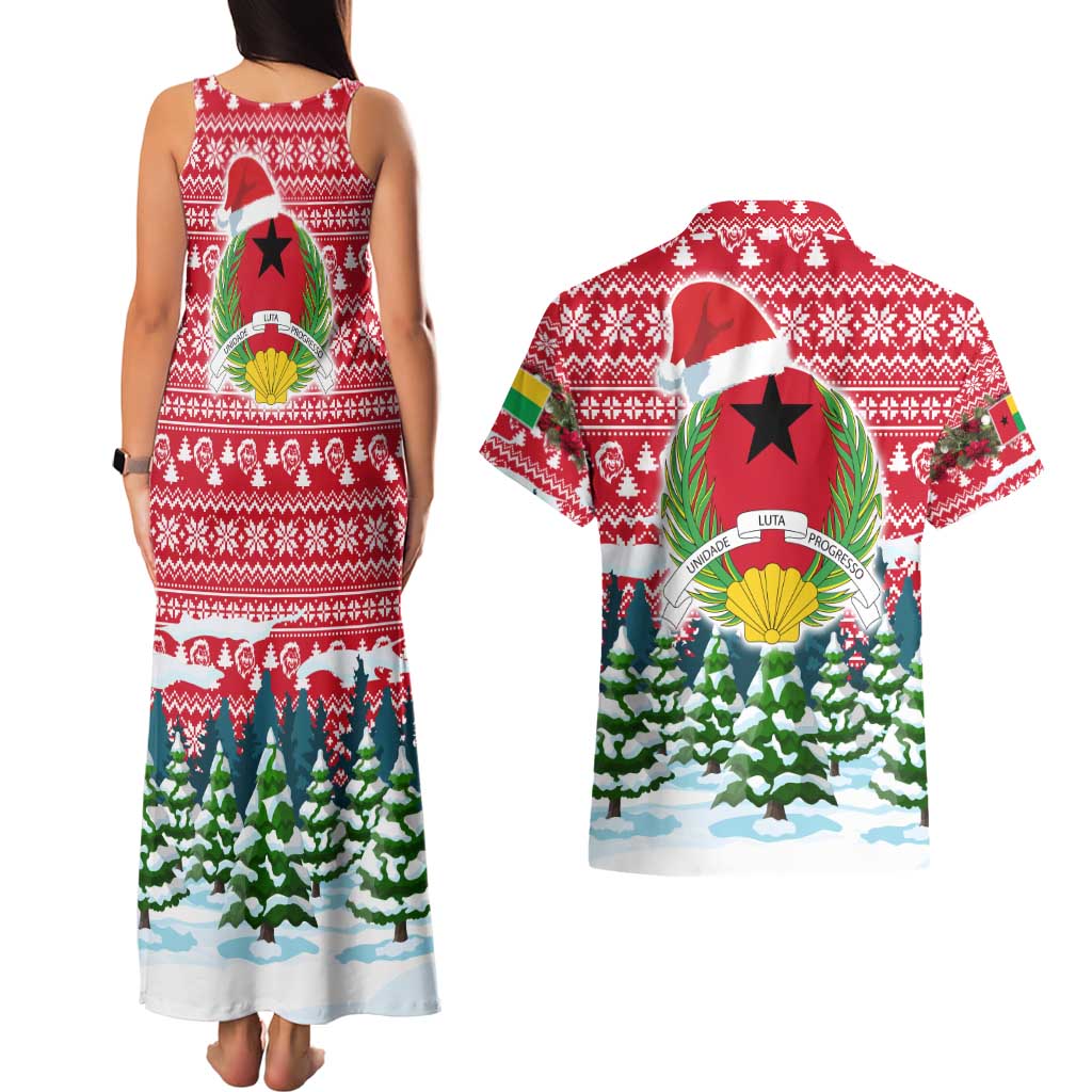 Guinea Bissau Christmas Couples Matching Tank Maxi Dress and Hawaiian Shirt with Santa Sleigh Reindeer Forest and National Flag Design - Wonder Print Shop