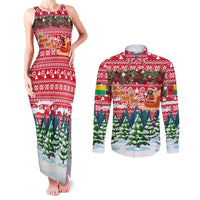 Guinea Bissau Christmas Couples Matching Tank Maxi Dress and Long Sleeve Button Shirt with Santa Sleigh Reindeer Forest and National Flag Design - Wonder Print Shop