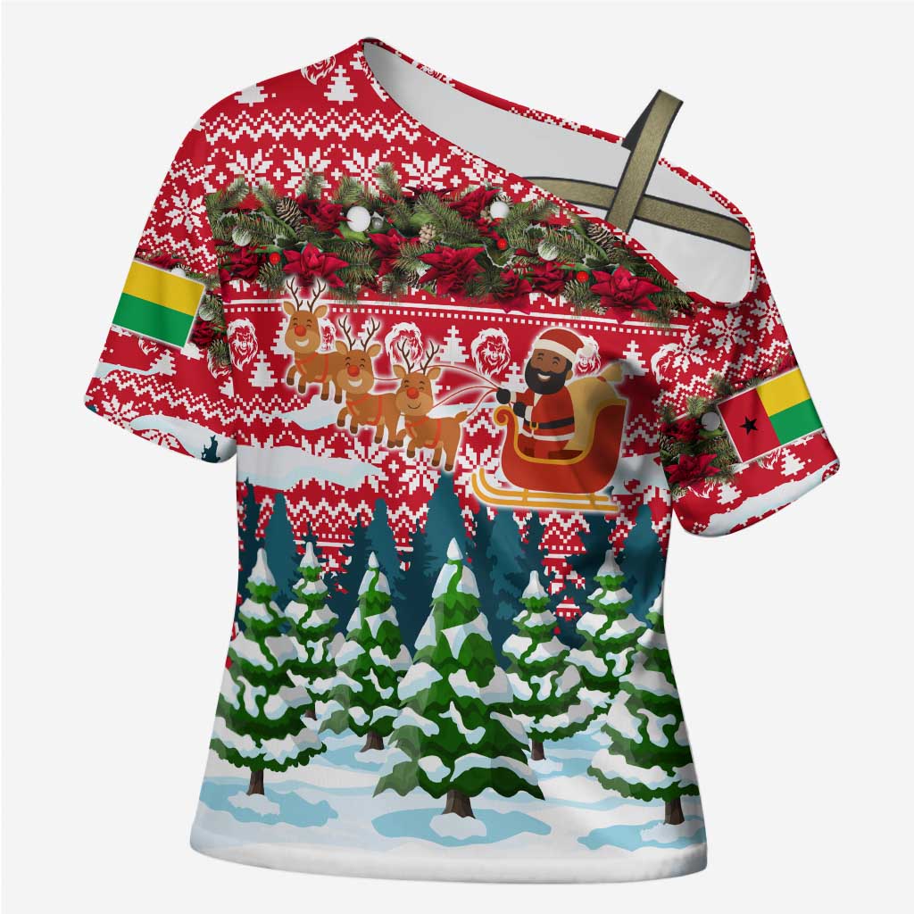 Guinea Bissau Christmas Cross Shoulder Shirt with Santa Sleigh Reindeer Forest and National Flag Design - Wonder Print Shop