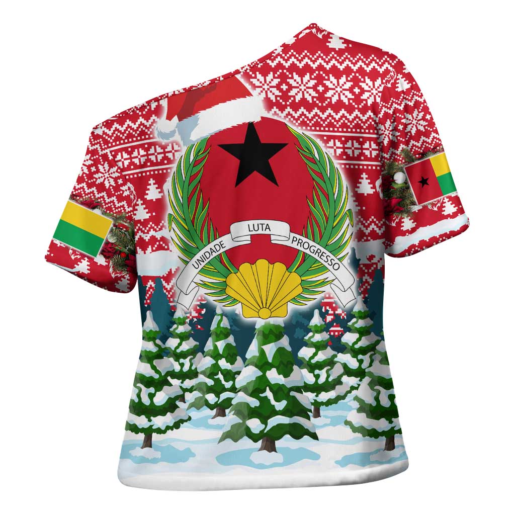 Guinea Bissau Christmas Cross Shoulder Shirt with Santa Sleigh Reindeer Forest and National Flag Design - Wonder Print Shop