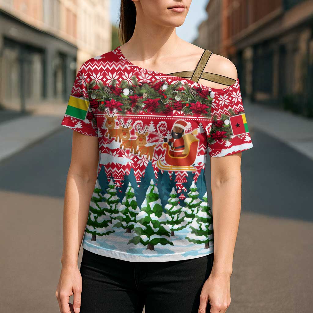 Guinea Bissau Christmas Cross Shoulder Shirt with Santa Sleigh Reindeer Forest and National Flag Design - Wonder Print Shop