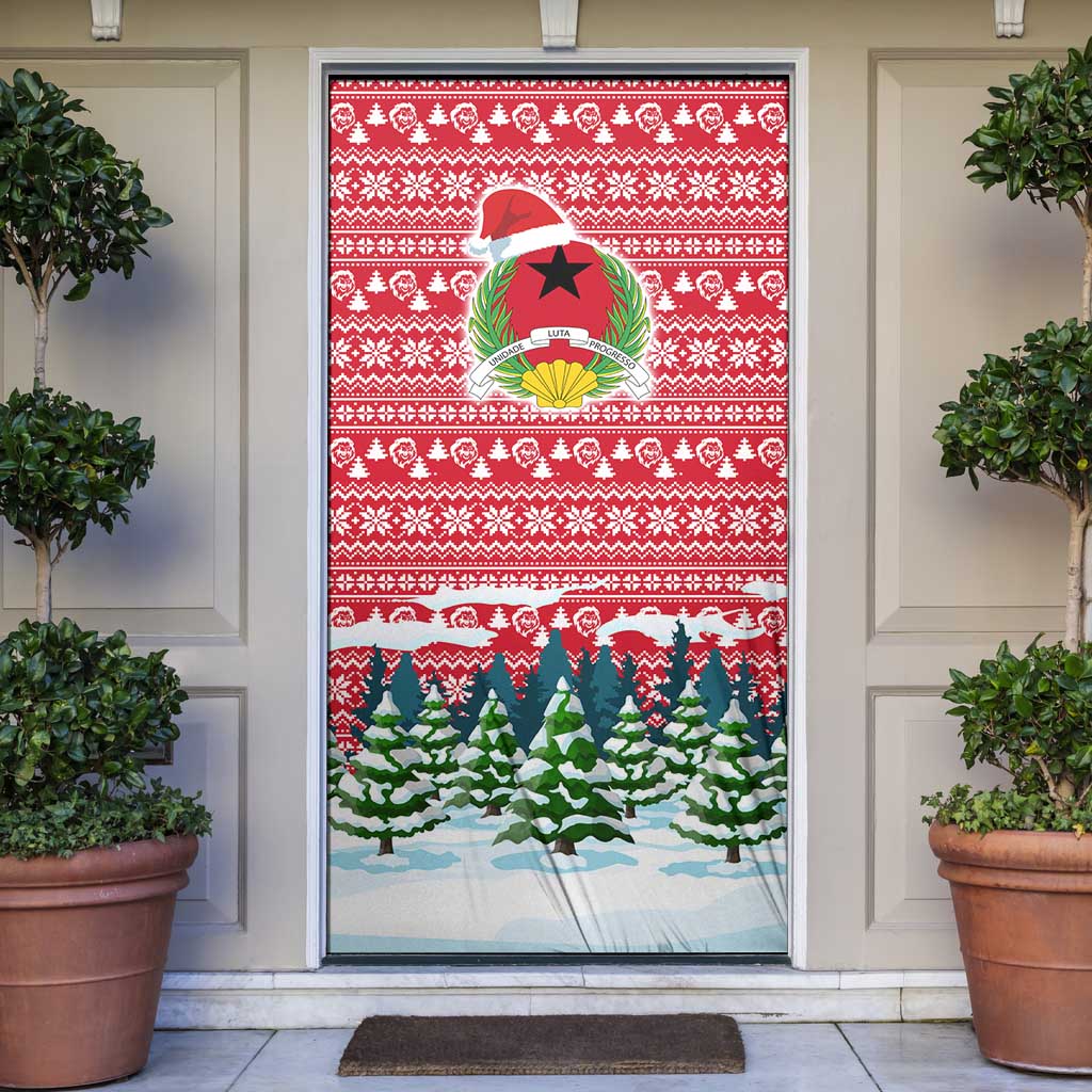 Guinea Bissau Christmas Door Cover with Santa Sleigh Reindeer Forest and National Flag Design - Wonder Print Shop