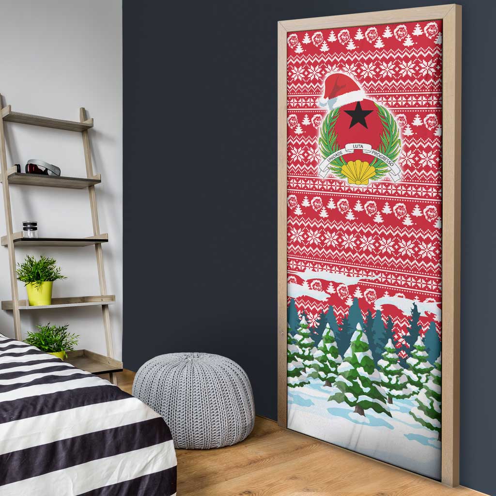 Guinea Bissau Christmas Door Cover with Santa Sleigh Reindeer Forest and National Flag Design - Wonder Print Shop