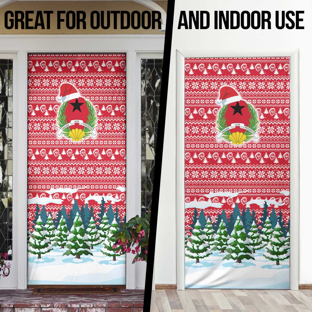 Guinea Bissau Christmas Door Cover with Santa Sleigh Reindeer Forest and National Flag Design - Wonder Print Shop