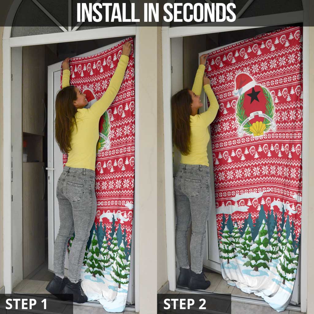 Guinea Bissau Christmas Door Cover with Santa Sleigh Reindeer Forest and National Flag Design - Wonder Print Shop