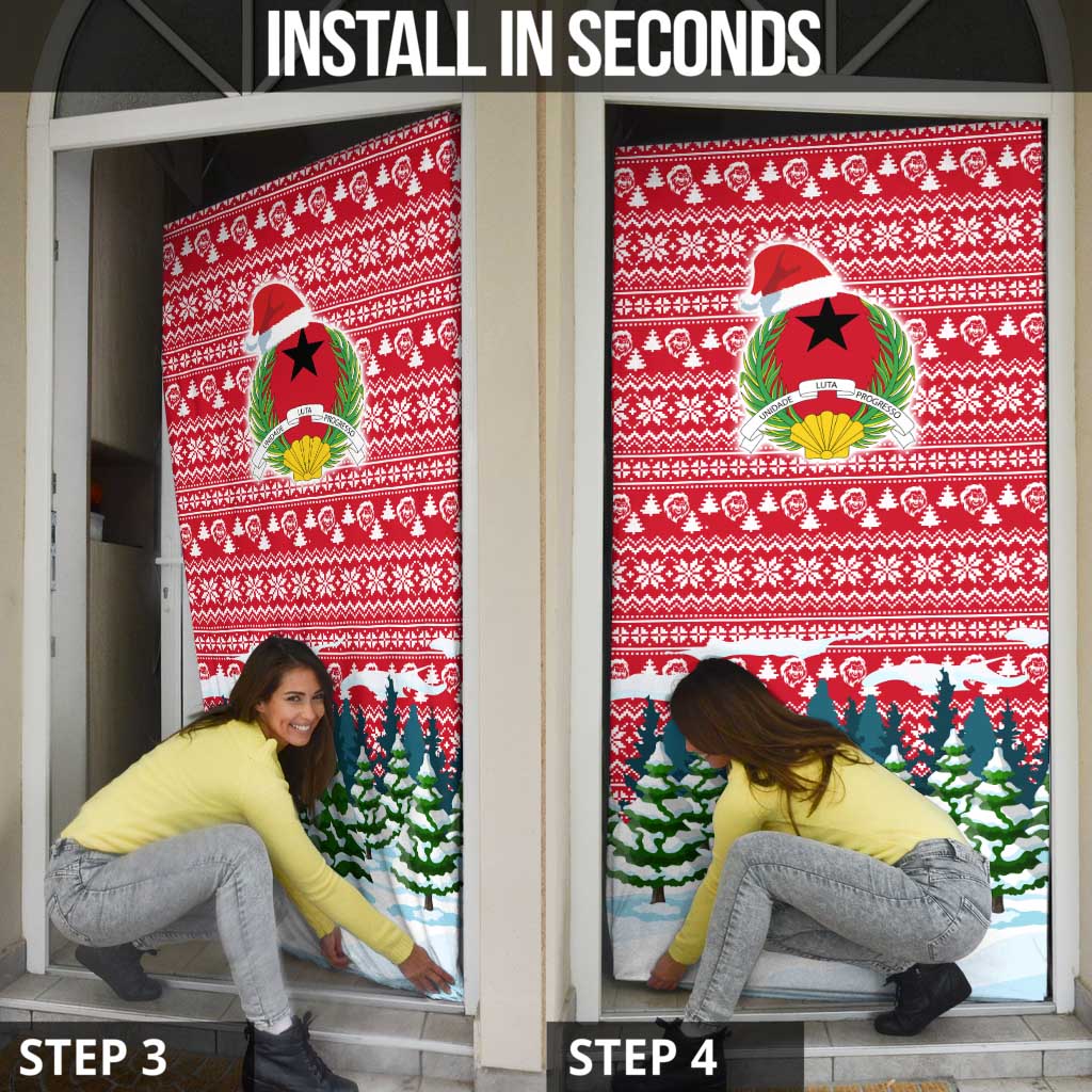 Guinea Bissau Christmas Door Cover with Santa Sleigh Reindeer Forest and National Flag Design - Wonder Print Shop