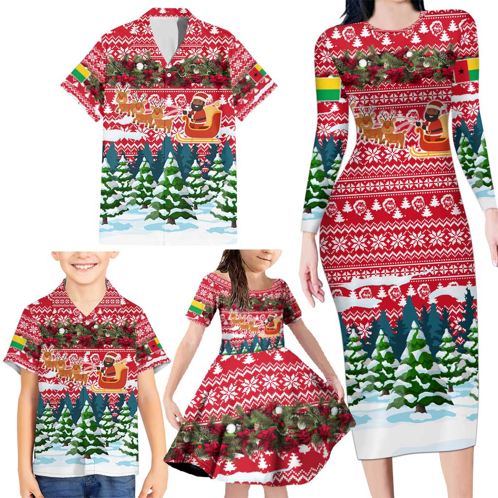 Guinea Bissau Christmas Family Matching Long Sleeve Bodycon Dress and Hawaiian Shirt with Santa Sleigh Reindeer Forest and National Flag Design - Wonder Print Shop