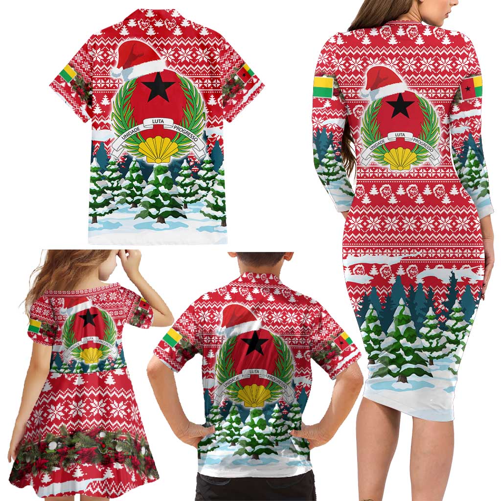 Guinea Bissau Christmas Family Matching Long Sleeve Bodycon Dress and Hawaiian Shirt with Santa Sleigh Reindeer Forest and National Flag Design - Wonder Print Shop
