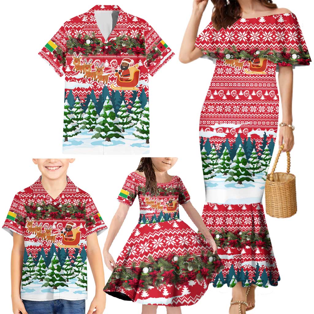 Guinea Bissau Christmas Family Matching Mermaid Dress and Hawaiian Shirt with Santa Sleigh Reindeer Forest and National Flag Design - Wonder Print Shop
