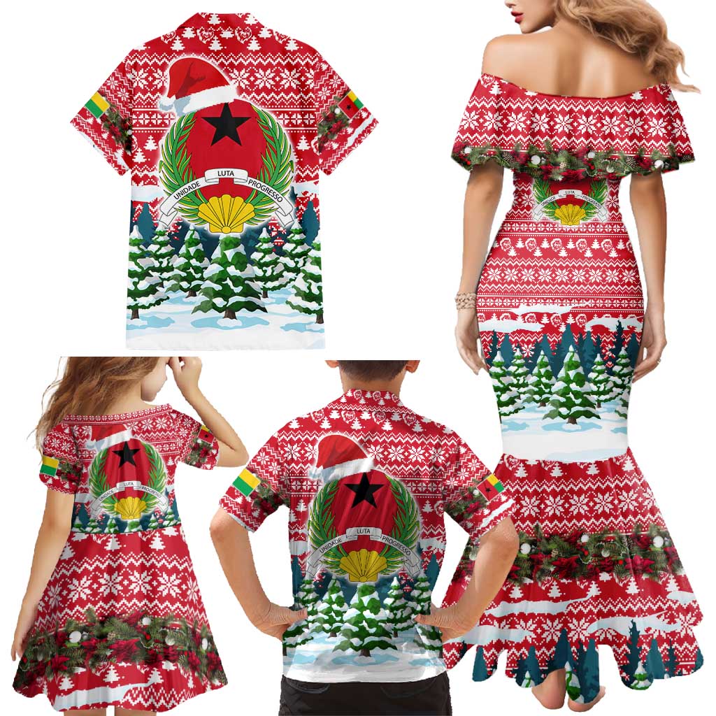 Guinea Bissau Christmas Family Matching Mermaid Dress and Hawaiian Shirt with Santa Sleigh Reindeer Forest and National Flag Design - Wonder Print Shop