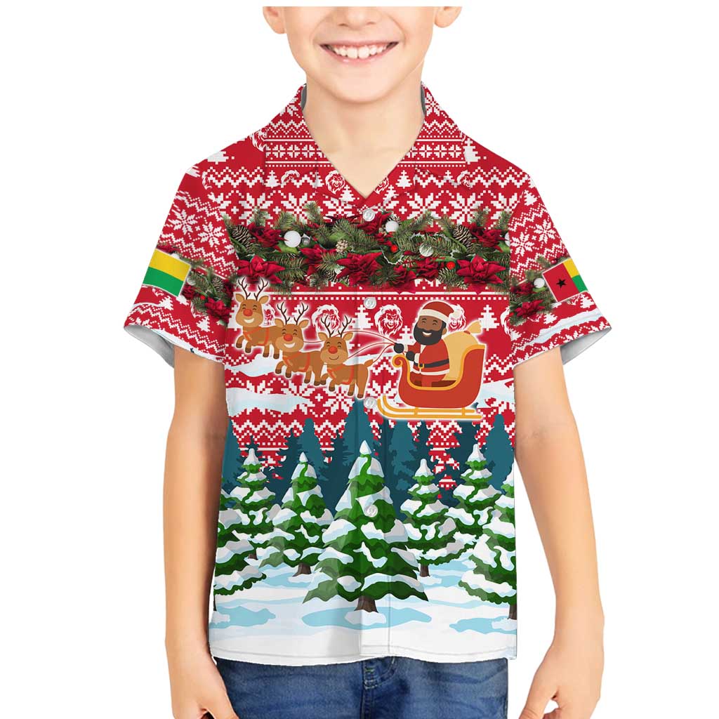 Guinea Bissau Christmas Family Matching Mermaid Dress and Hawaiian Shirt with Santa Sleigh Reindeer Forest and National Flag Design - Wonder Print Shop