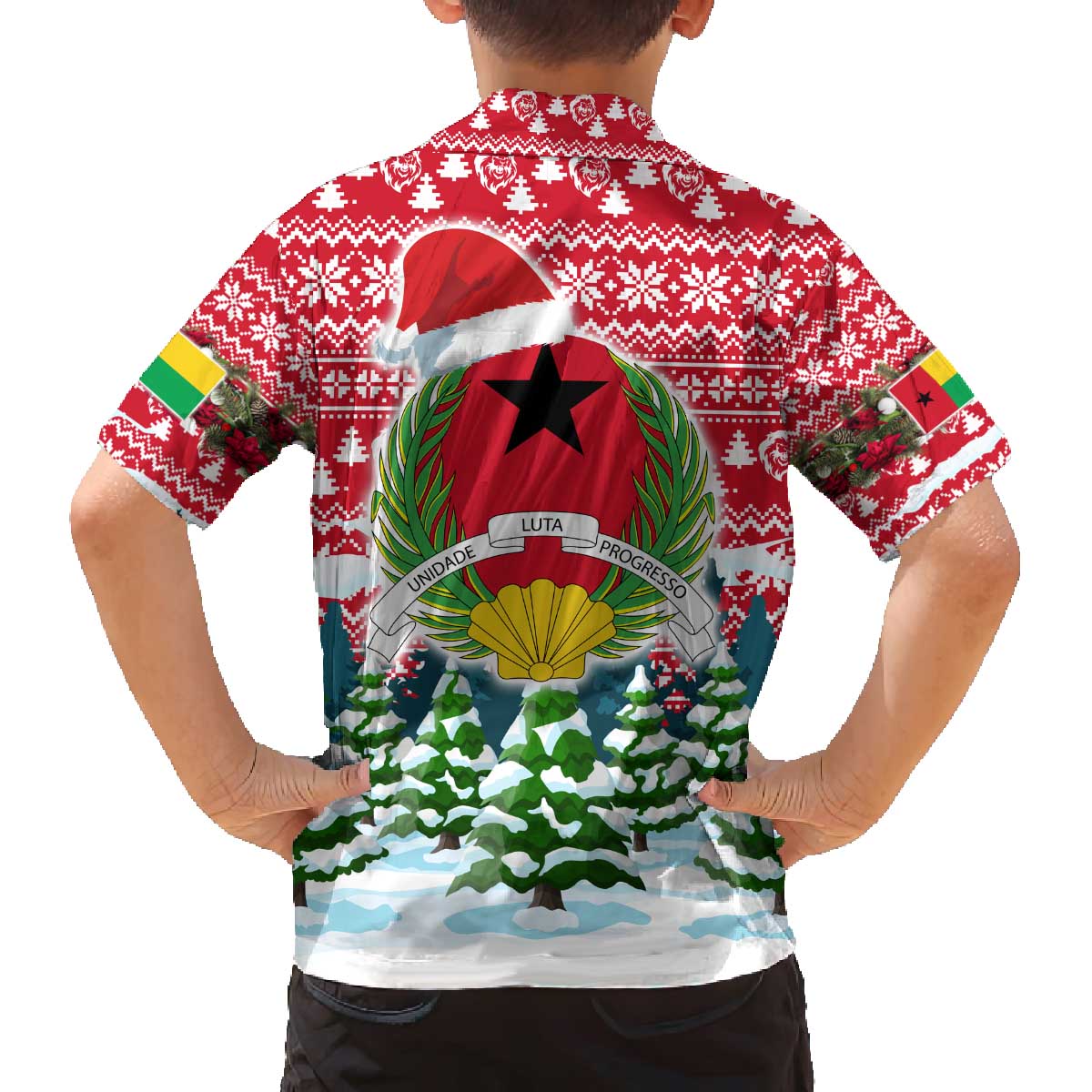 Guinea Bissau Christmas Family Matching Off The Shoulder Long Sleeve Dress and Hawaiian Shirt with Santa Sleigh Reindeer Forest and National Flag Design - Wonder Print Shop