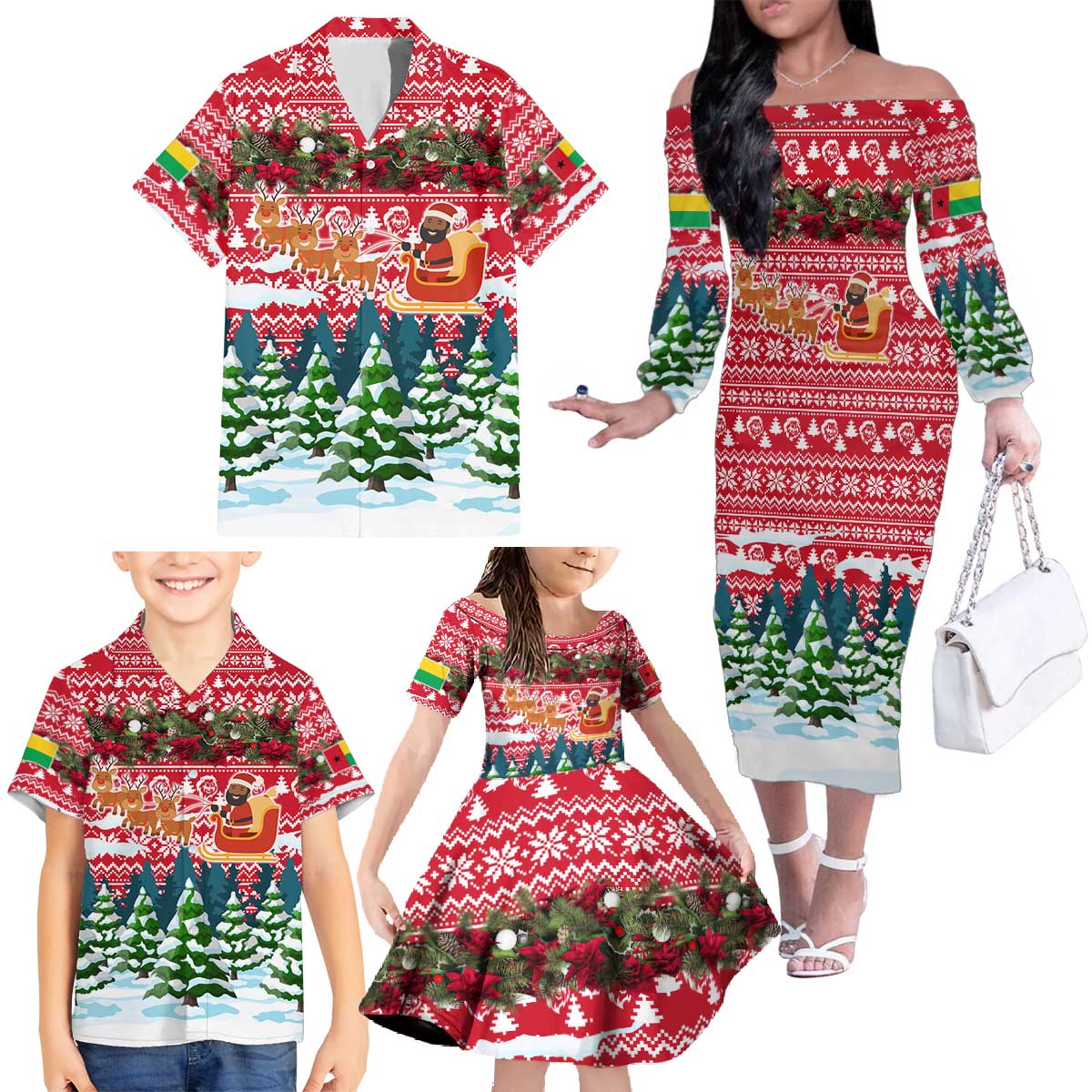 Guinea Bissau Christmas Family Matching Off The Shoulder Long Sleeve Dress and Hawaiian Shirt with Santa Sleigh Reindeer Forest and National Flag Design - Wonder Print Shop