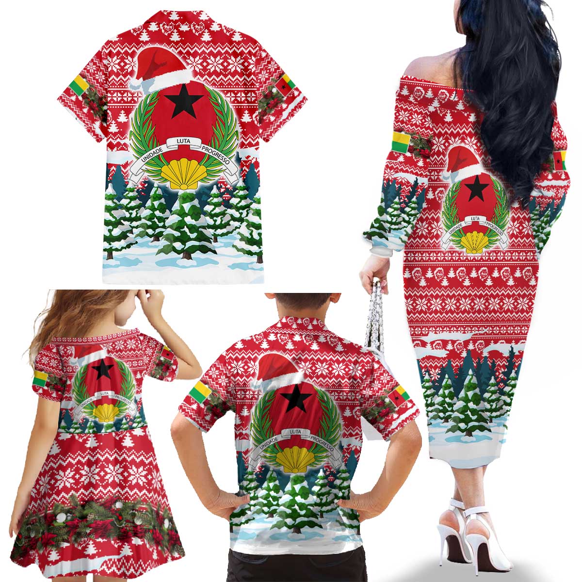 Guinea Bissau Christmas Family Matching Off The Shoulder Long Sleeve Dress and Hawaiian Shirt with Santa Sleigh Reindeer Forest and National Flag Design - Wonder Print Shop