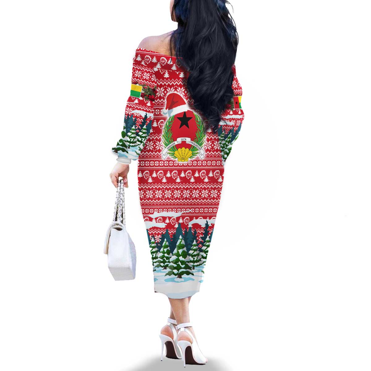 Guinea Bissau Christmas Family Matching Off The Shoulder Long Sleeve Dress and Hawaiian Shirt with Santa Sleigh Reindeer Forest and National Flag Design - Wonder Print Shop