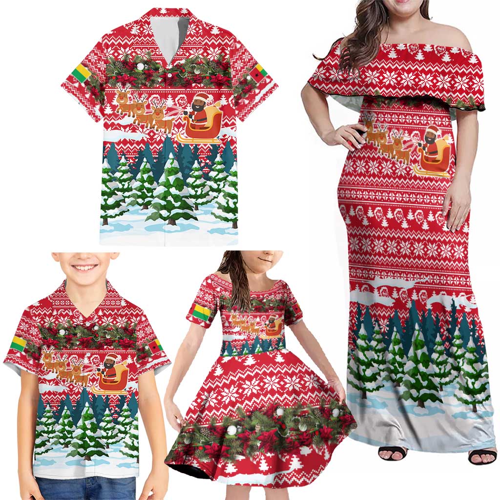 Guinea Bissau Christmas Family Matching Off Shoulder Maxi Dress and Hawaiian Shirt with Santa Sleigh Reindeer Forest and National Flag Design - Wonder Print Shop