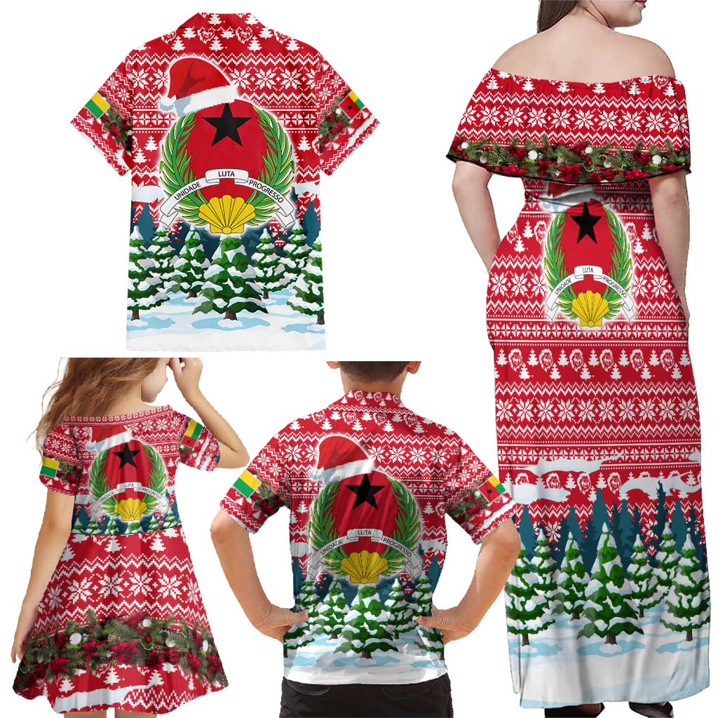 Guinea Bissau Christmas Family Matching Off Shoulder Maxi Dress and Hawaiian Shirt with Santa Sleigh Reindeer Forest and National Flag Design - Wonder Print Shop