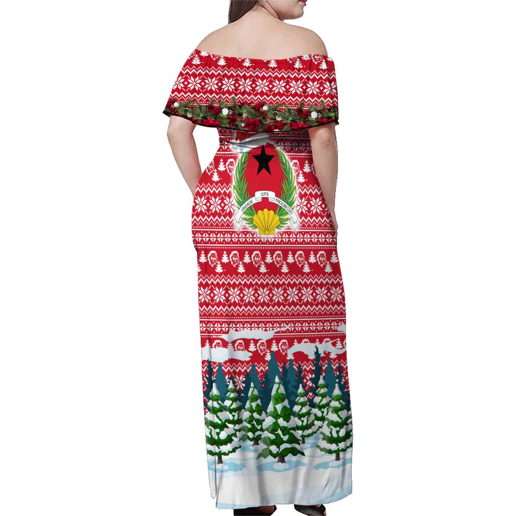 Guinea Bissau Christmas Family Matching Off Shoulder Maxi Dress and Hawaiian Shirt with Santa Sleigh Reindeer Forest and National Flag Design - Wonder Print Shop