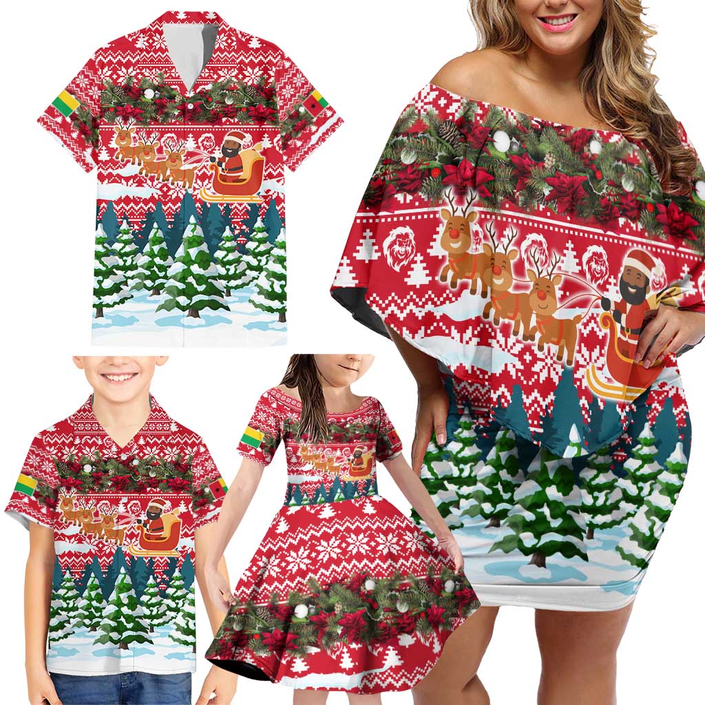Guinea Bissau Christmas Family Matching Off Shoulder Short Dress and Hawaiian Shirt with Santa Sleigh Reindeer Forest and National Flag Design - Wonder Print Shop