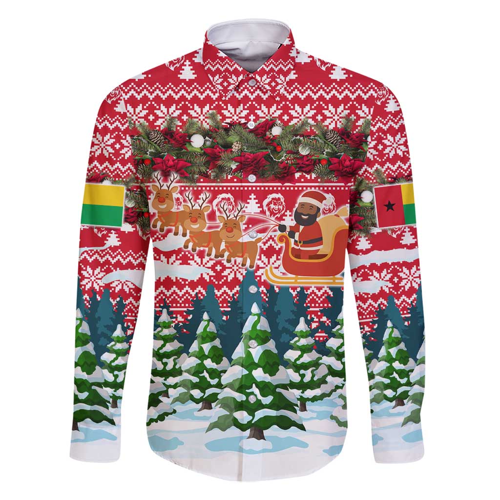 Guinea Bissau Christmas Family Matching Off Shoulder Short Dress and Hawaiian Shirt with Santa Sleigh Reindeer Forest and National Flag Design - Wonder Print Shop