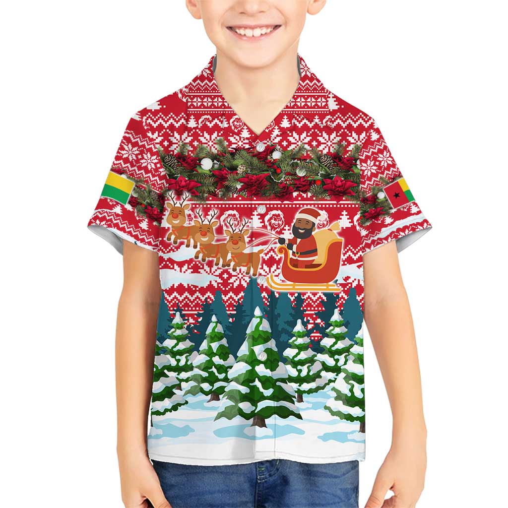 Guinea Bissau Christmas Family Matching Off Shoulder Short Dress and Hawaiian Shirt with Santa Sleigh Reindeer Forest and National Flag Design - Wonder Print Shop