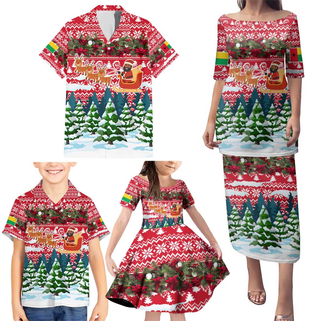 Guinea Bissau Christmas Family Matching Puletasi and Hawaiian Shirt with Santa Sleigh Reindeer Forest and National Flag Design - Wonder Print Shop