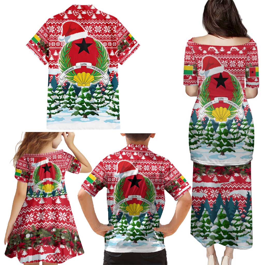 Guinea Bissau Christmas Family Matching Puletasi and Hawaiian Shirt with Santa Sleigh Reindeer Forest and National Flag Design - Wonder Print Shop