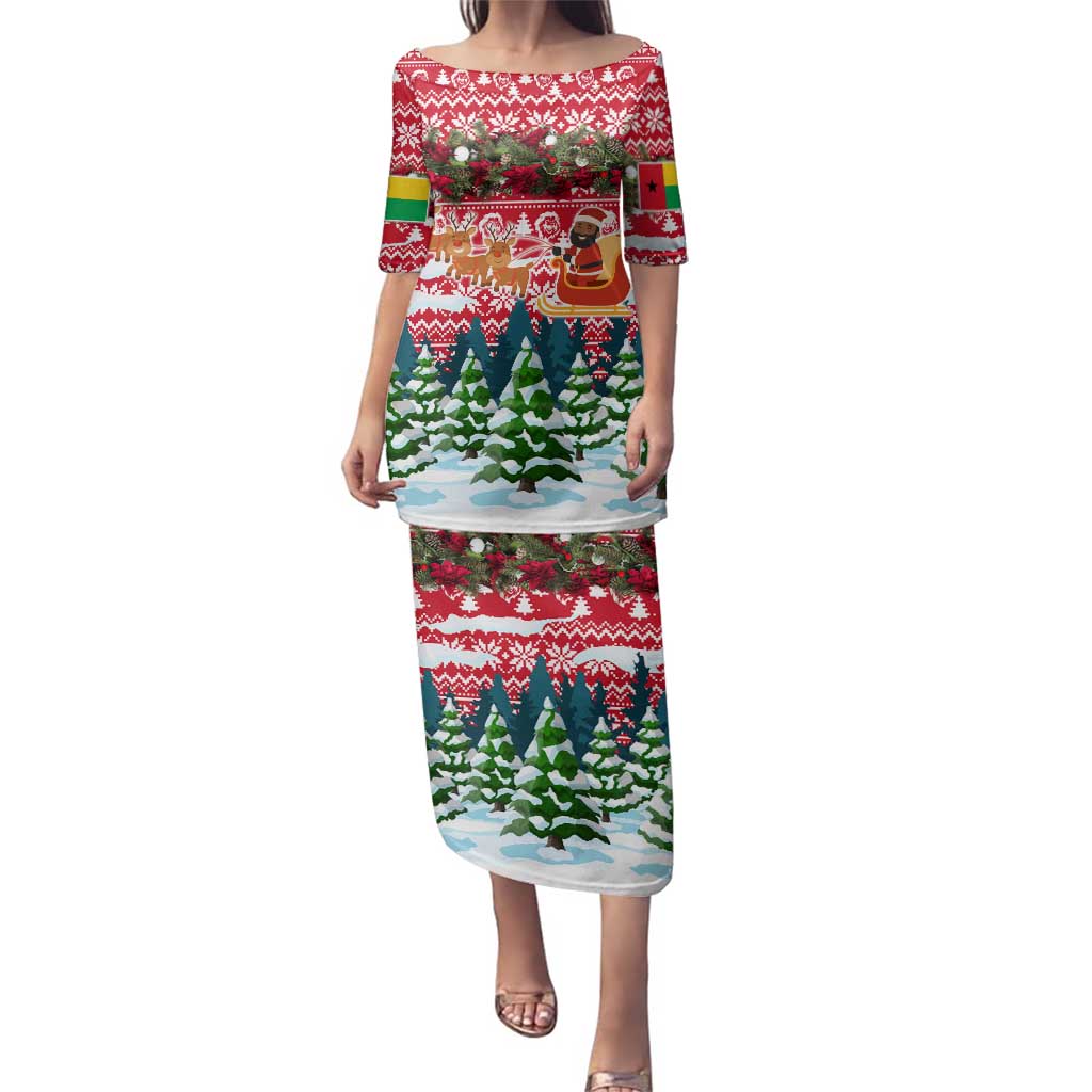 Guinea Bissau Christmas Family Matching Puletasi and Hawaiian Shirt with Santa Sleigh Reindeer Forest and National Flag Design - Wonder Print Shop