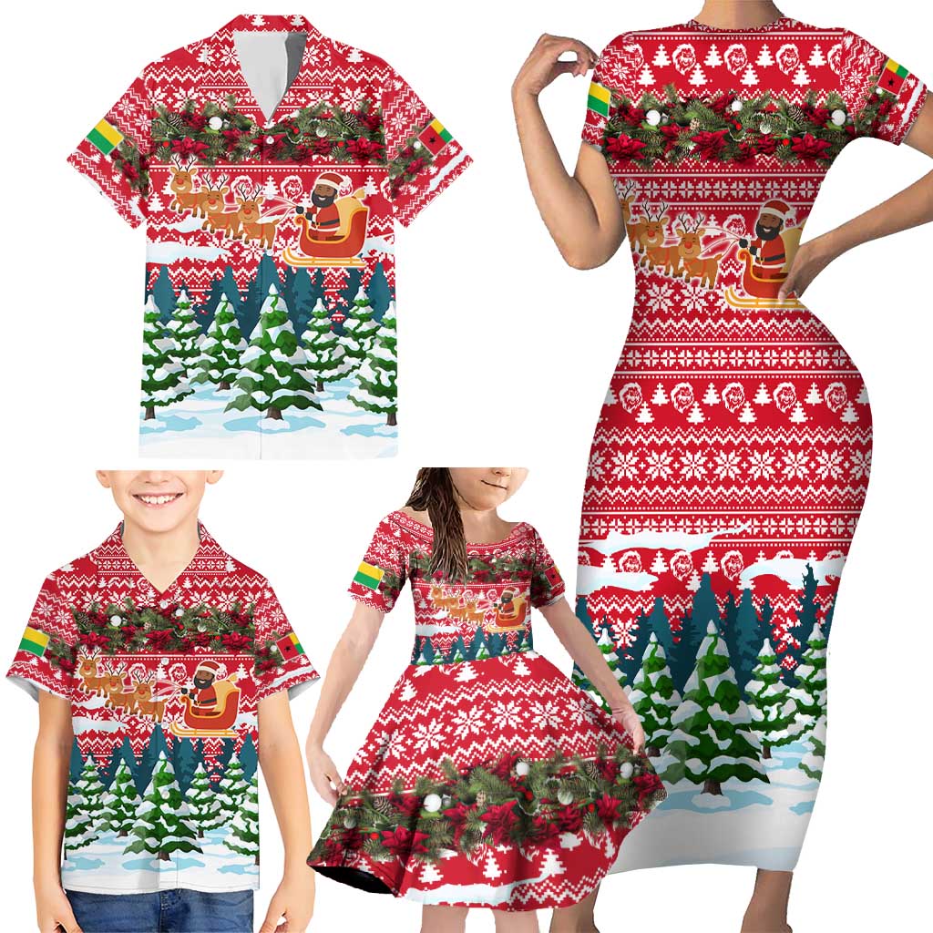 Guinea Bissau Christmas Family Matching Short Sleeve Bodycon Dress and Hawaiian Shirt with Santa Sleigh Reindeer Forest and National Flag Design - Wonder Print Shop